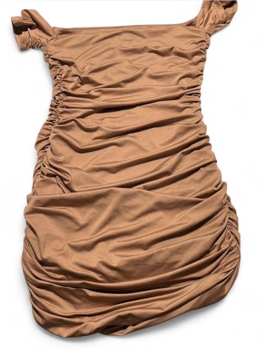 Tobi Mocha Ruched Off Shoulder Mini Dress XS Going Out Bodycon